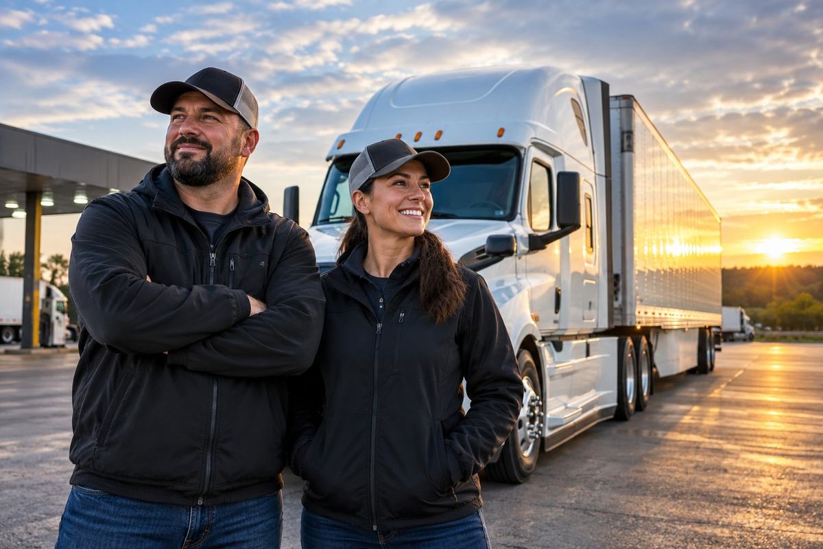 CDL-A team drivers standing with an OTR tractor trailer